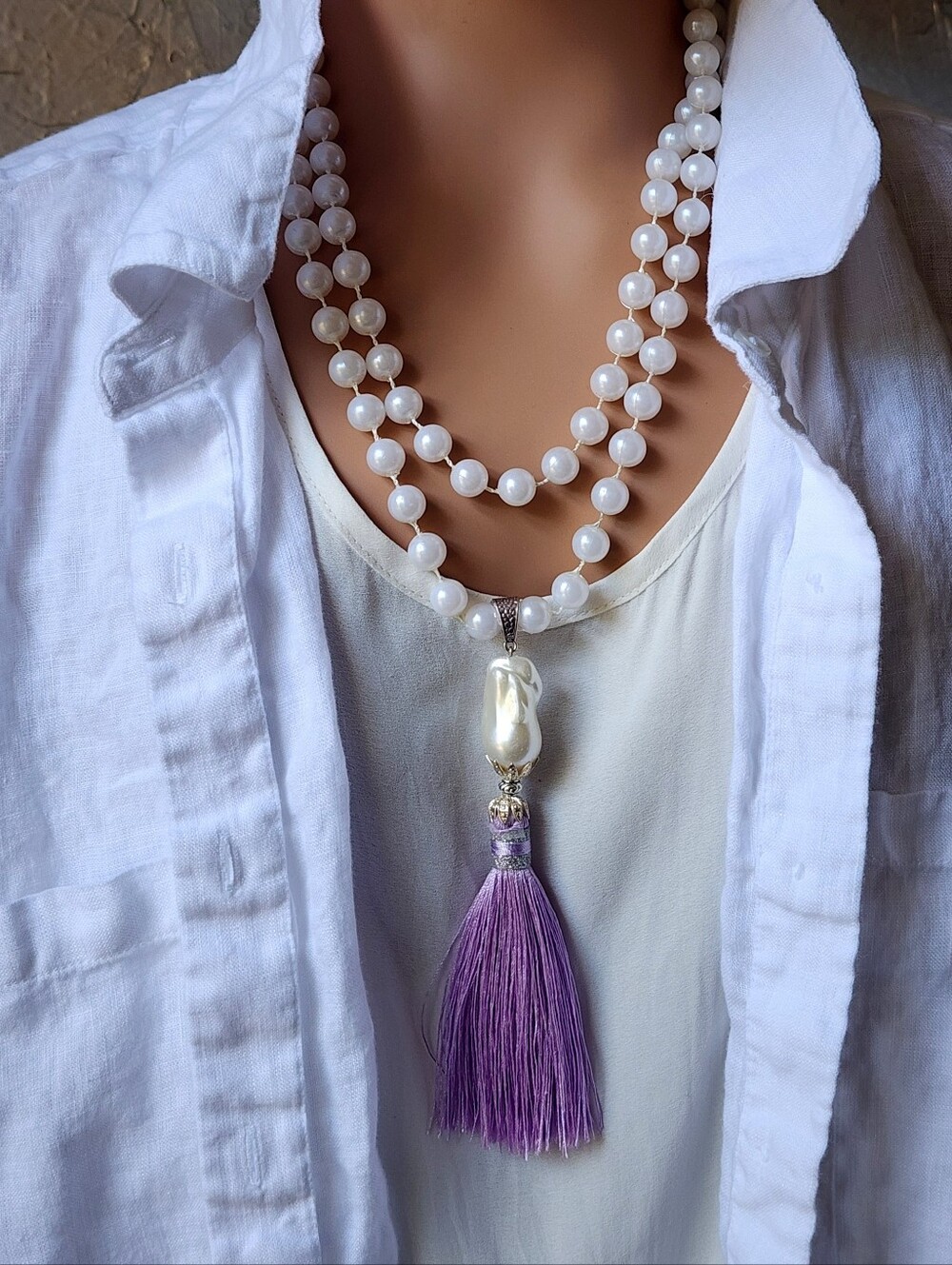 Long White Pearl Necklace Faux Baroque Pearl Silver Purple Tassel